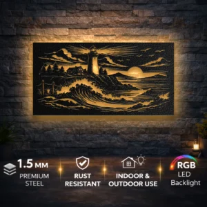 Lighthouse Coastal Waves Metal Art, Oversized Rustic Seascape Wall Art, Optional RGB LED, Coastal Home Decor Gift