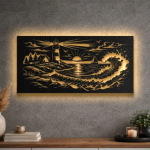 A large rustic metal wall art depicting a lighthouse and ocean waves at sunset.