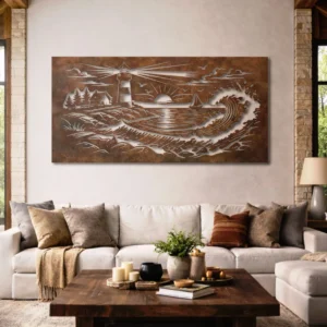 Lighthouse Wave Spiral Scene Metal Art, Oversized Rustic Coastal Decor, Optional LED Backlight, Nautical Home Gift