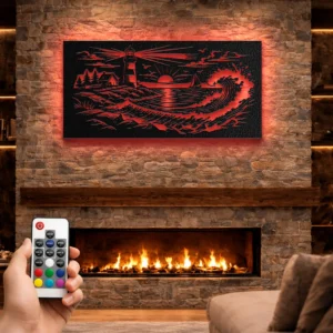 Lighthouse Wave Spiral Scene Metal Art, Oversized Rustic Coastal Decor, Optional LED Backlight, Nautical Home Gift