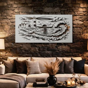 Lighthouse Wave Spiral Scene Metal Art, Oversized Rustic Coastal Decor, Optional LED Backlight, Nautical Home Gift