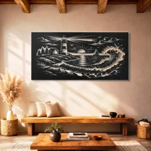 Lighthouse Wave Spiral Scene Metal Art, Oversized Rustic Coastal Decor, Optional LED Backlight, Nautical Home Gift