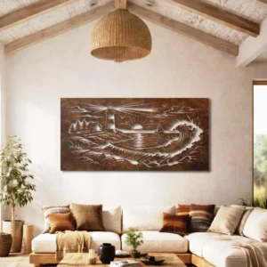 Lighthouse Wave Spiral Scene Metal Art, Oversized Rustic Coastal Decor, Optional LED Backlight, Nautical Home Gift