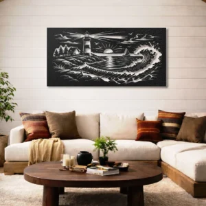 Lighthouse Wave Spiral Scene Metal Art, Oversized Rustic Coastal Decor, Optional LED Backlight, Nautical Home Gift