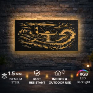 Lighthouse Wave Spiral Scene Metal Art, Oversized Rustic Coastal Decor, Optional LED Backlight, Nautical Home Gift