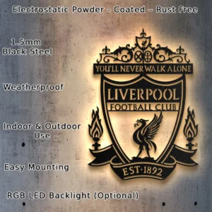 Liverpool FC Metal Logo Art, 'You'll Never Walk Alone' Decor, Optional LED Wall Sign, Premier League Fan Gift