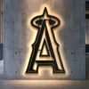 Black metal Los Angeles Angels MLB logo wall art with bright LED backlight.