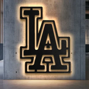 Black metal Los Angeles Kings logo wall art with bright LED backlight.