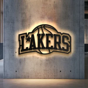Black metal Los Angeles Lakers logo wall art with bright LED backlighting.