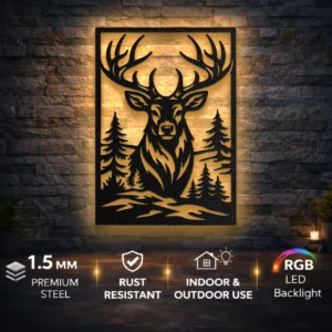 Majestic Deer Metal Wall Art, Oversized Forest Decor, Rustic Wildlife Sign, Optional RGB LED Backlight, Wildlife Lover Gift