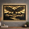 A large rustic metal eagle wall art piece with an optional LED backlight.
