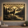 A large rustic metal wall art featuring an antlered deer in a forest and mountain landscape.