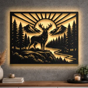A large rustic metal wall art featuring an antlered deer in a forest and mountain landscape