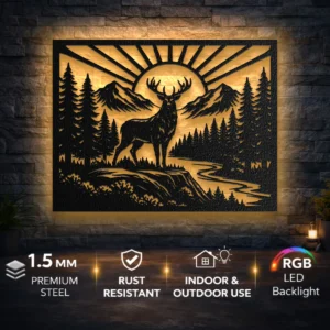 Majestic Wild Antlered Deer Metal Wall Art, Oversized Rustic Forest Decor, Optional RGB LED, Nature Lover Gift