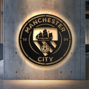 Black metal Manchester City logo wall art with LED backlighting.