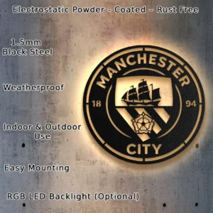 Manchester City Metal Logo Art, Premier League Fan Decor, Optional LED Wall Sign, Soccer Lover Gift