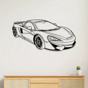 Black metal McLaren 570S Spider wall art for modern garage decor.