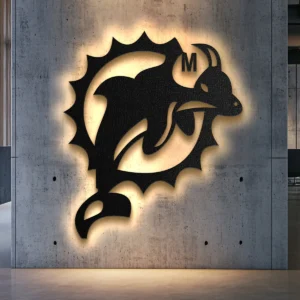 Black metal Miami Dolphins logo wall art with bright LED backlight