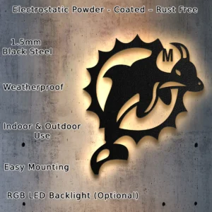 Miami Dolphins Metal Logo Art, Iconic NFL Team Decor, LED Game Room Sign, Die-Hard Fan Gift