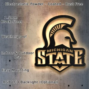 Michigan State Spartan Logo, Collegiate Metal Wall Art, Optional LED Game Room Sign, University Fan Gift