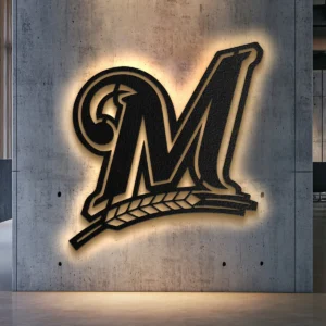 Black metal Milwaukee Brewers M logo wall art with warm LED backlight.