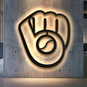 Milwaukee Brewers metal logo wall art with bright LED backlight on a concrete wall.