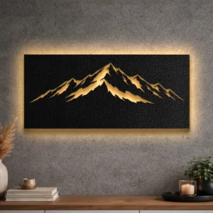 An oversized Minimal Mountain Peaks metal wall art with optional RGB LED backlighting