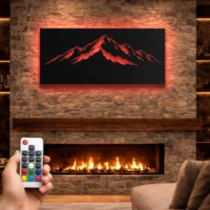 Minimal Mountain Peaks Metal Wall Art, Oversized Rustic Silhouette Sign, Optional RGB LED, Adventure Home Decor