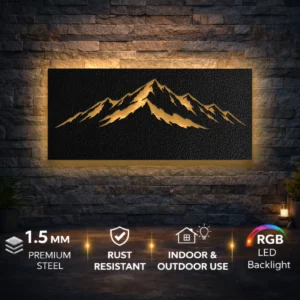 Minimal Mountain Peaks Metal Wall Art, Oversized Rustic Silhouette Sign, Optional RGB LED, Adventure Home Decor