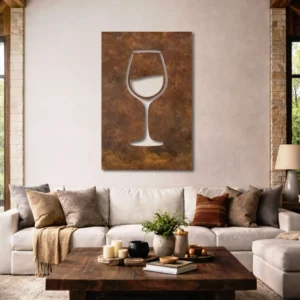 Minimalist Wine Glass Metal Wall Art, Oversized Rustic Kitchen Decor, Optional LED Backlight, Elegant Bar Gift