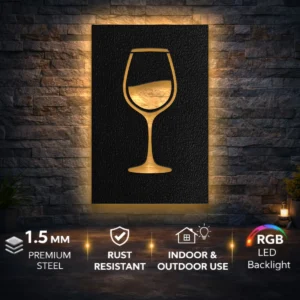 Minimalist Wine Glass Metal Wall Art, Oversized Rustic Kitchen Decor, Optional LED Backlight, Elegant Bar Gift