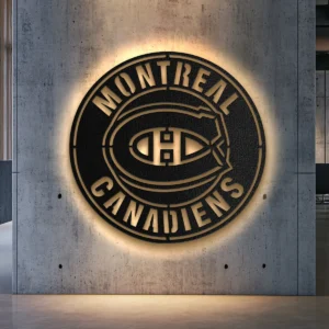 Black metal Montreal Canadiens logo wall art with LED backlight