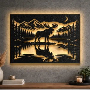 Oversized rustic moose metal wall art with LED lighting reflecting on a lake