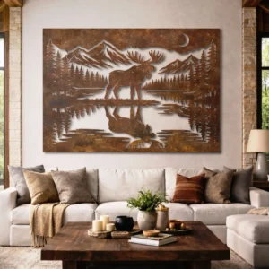 Moose Metal Wall Art, Oversized Rustic Mountain Lake Decor, Forest Cabin Sign, Optional RGB LED, Nature Gift