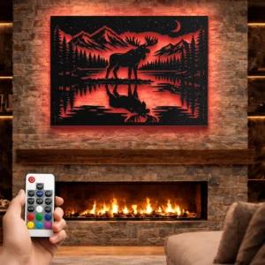 Moose Metal Wall Art, Oversized Rustic Mountain Lake Decor, Forest Cabin Sign, Optional RGB LED, Nature Gift