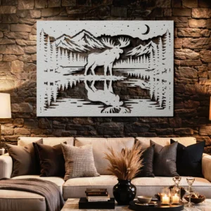 Moose Metal Wall Art, Oversized Rustic Mountain Lake Decor, Forest Cabin Sign, Optional RGB LED, Nature Gift