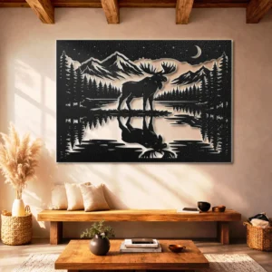 Moose Metal Wall Art, Oversized Rustic Mountain Lake Decor, Forest Cabin Sign, Optional RGB LED, Nature Gift