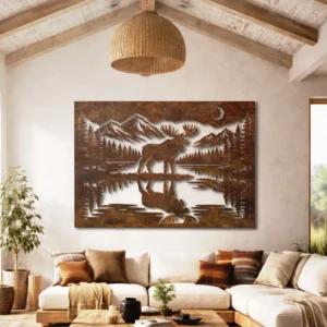 Moose Metal Wall Art, Oversized Rustic Mountain Lake Decor, Forest Cabin Sign, Optional RGB LED, Nature Gift