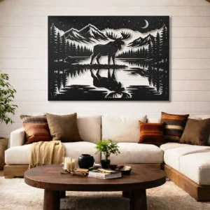 Moose Metal Wall Art, Oversized Rustic Mountain Lake Decor, Forest Cabin Sign, Optional RGB LED, Nature Gift