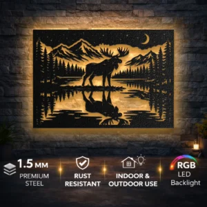 Moose Metal Wall Art, Oversized Rustic Mountain Lake Decor, Forest Cabin Sign, Optional RGB LED, Nature Gift