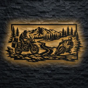 A large metal wall art depicting a motorcycle adventure through a rustic forest scene