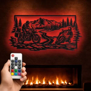 Motorcycle Adventure Metal Wall Art, Oversized Rustic Wilderness Sign, Outdoor Enthusiast Decor, Optional LED, Rider Gift