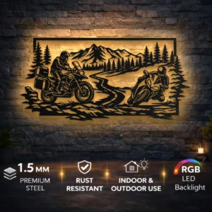 Motorcycle Adventure Metal Wall Art, Oversized Rustic Wilderness Sign, Outdoor Enthusiast Decor, Optional LED, Rider Gift