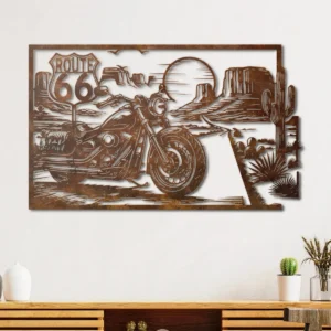 Motorcycle Route 66 Metal Wall Art, Oversized Rustic Desert Scene, American Road Trip Decor, Optional RGB LED, Biker Gift