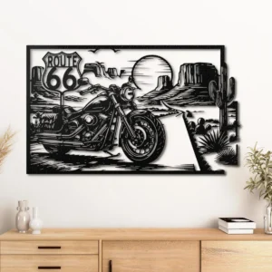 Motorcycle Route 66 Metal Wall Art, Oversized Rustic Desert Scene, American Road Trip Decor, Optional RGB LED, Biker Gift