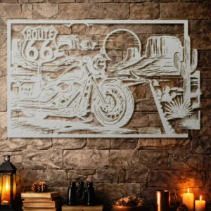 Motorcycle Route 66 Metal Wall Art, Oversized Rustic Desert Scene, American Road Trip Decor, Optional RGB LED, Biker Gift