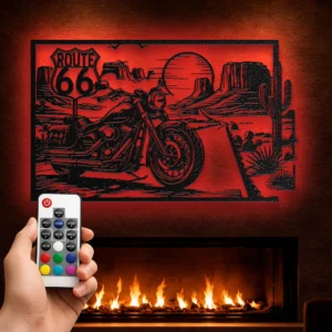 Motorcycle Route 66 Metal Wall Art, Oversized Rustic Desert Scene, American Road Trip Decor, Optional RGB LED, Biker Gift