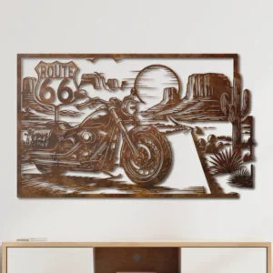 Motorcycle Route 66 Metal Wall Art, Oversized Rustic Desert Scene, American Road Trip Decor, Optional RGB LED, Biker Gift