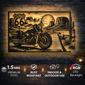 Motorcycle Route 66 Metal Wall Art, Oversized Rustic Desert Scene, American Road Trip Decor, Optional RGB LED, Biker Gift