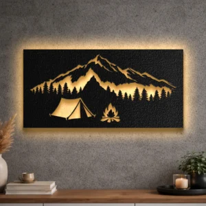 Oversized rustic metal wall art featuring a mountain camping scene with a tent and campfire